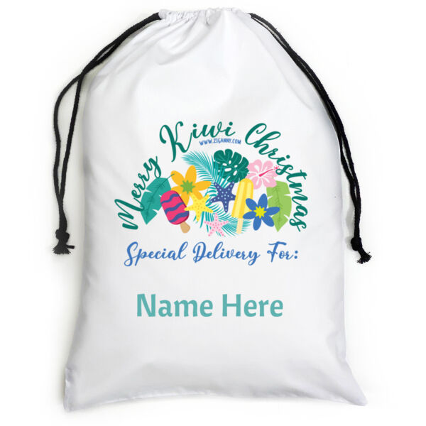 Kiwi Xmas Santa Sack - Editable Name - Large - Style 1 - White Thumbnail